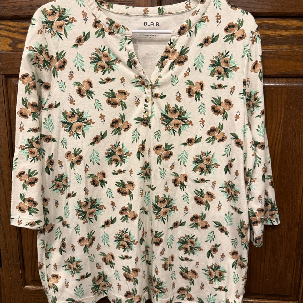 Blair Blouse Top L Large Henley 3/4 Sleeve Floral Earth Tones